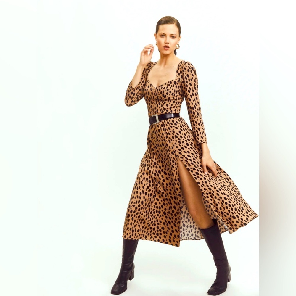 Reformation Mara dress Bobcat midi dress slit animal print size 2 $248